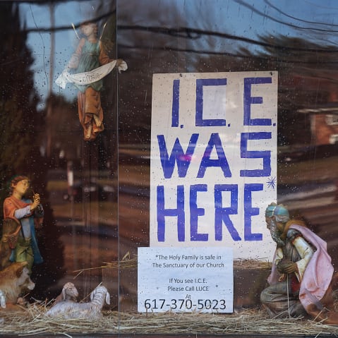 The Nativity scene at St. Susanna Parish displays a sign that reads "ICE WAS HERE" on Dec. 3, 2025.