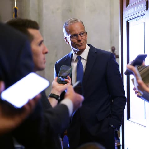 Senate Majority Leader John Thune speaks to members of the press on June 2, 2025 in Washington, D.C.