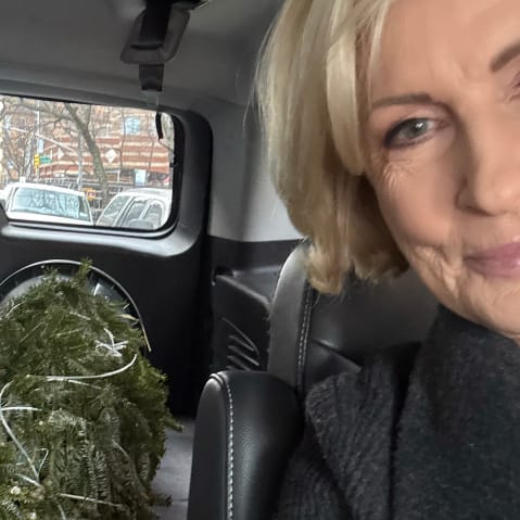 Mika Brzezinski in her car with the Christmas Tree she bought.