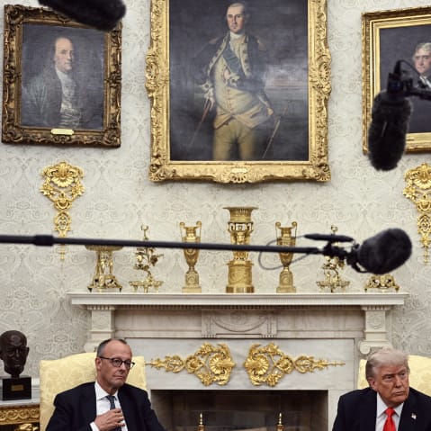 U.S. President Donald Trump and German Chancellor Friedrich Merz meet in the Oval Office on June 5, 2025.