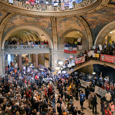 Protestors demonstrate inside the rotunda of the Missouri Capitol Building in Jefferson City, M.O.