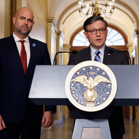 Israeli Speaker of the Knesset Amir Ohana and Speaker of the House Mike Johnson at the Capitol on Feb. 6, 2024.