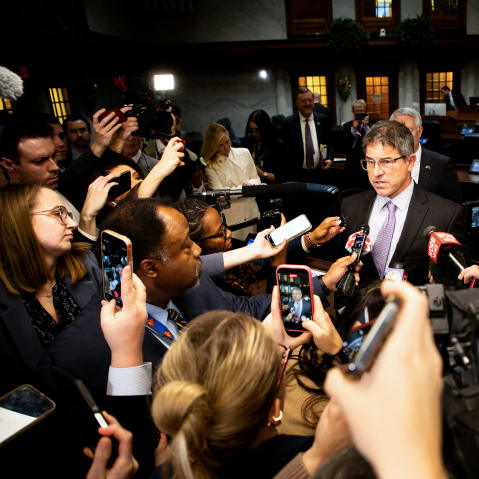 State Senator Rodric Bray speaks to members of the media at the Indiana Statehouse in Indianapolis, Ind.