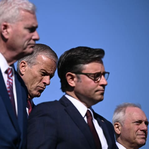 Senate Majority Leader John Thune, center, attends a news conference with Republican Congressional leadership outside the Capitol.