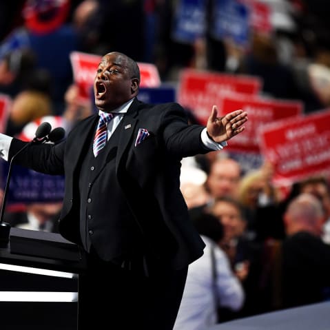 Pastor Mark Burns gestures as he delivers a speech at the Republican National Convention in Cleveland, O.H., on July 21, 2016.