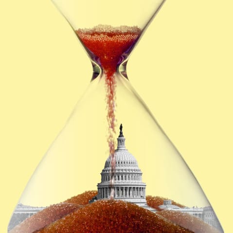 a photo illustration of the US capitol at the bottom of a nearly expired hourglass