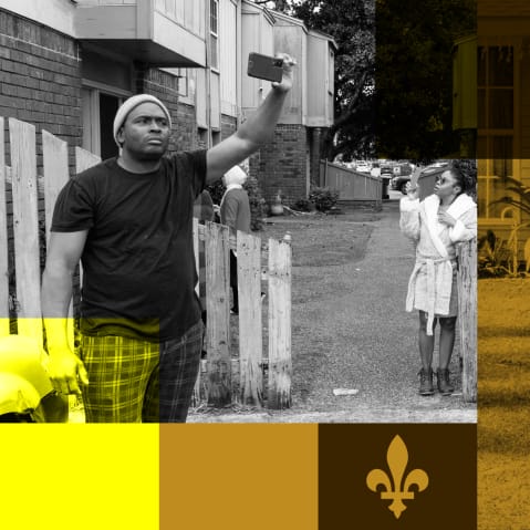 A collage of New Orleans residents filming and an federal officer
