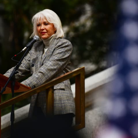 Tina Peters is in the rally in front of the Colorado State Capitol building in Denver.