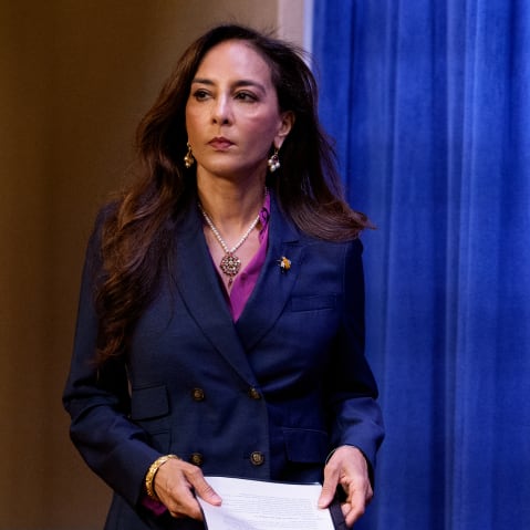 Assistant Attorney General for Civil Rights Harmeet Dhillon arrives for a news conference at the Justice Department.