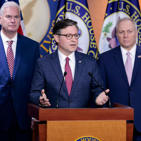Speaker of the House Mike Johnson discusses affordability at a press conference.