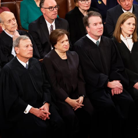 Chief Justice John Roberts and current associate justices Elena Kagan, Brett Kavanaugh, Amy Coney Barrett and Ketanji Brown Jackson.