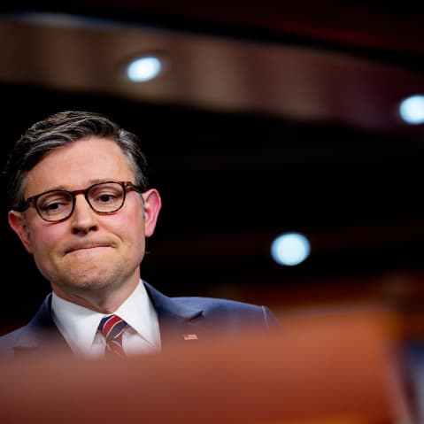 Speaker of the House Mike Johnson at a news conference at the Capitol.