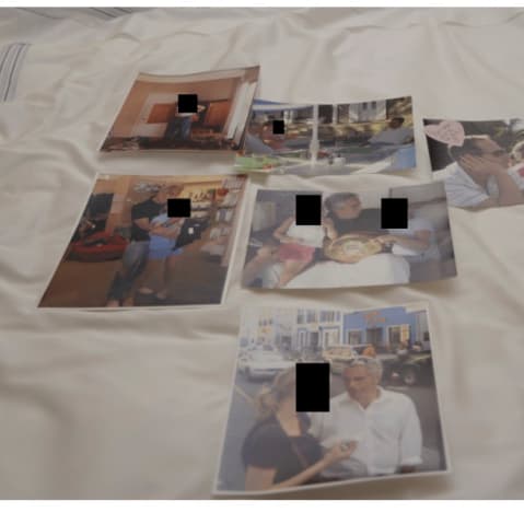 Photos of Jeffrey Epstein with unnamed girls in redacted and undated photos released by the Department of Justice.