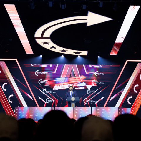 Vice President JD Vance speaks on the final day of Turning Point USA's annual AmericaFest conference on Dec. 21 in Phoenix, AZ.