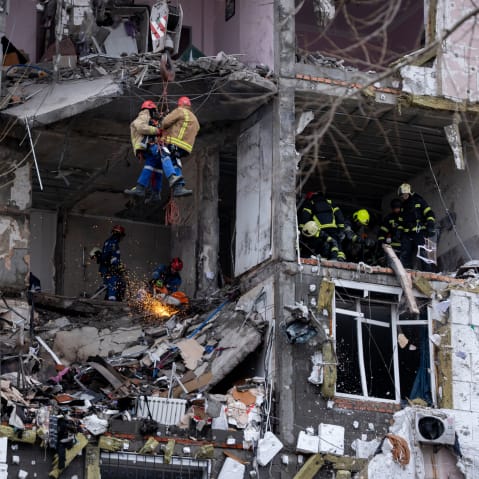 Residential building in Kyiv, Ukraine, hit by a Russian drone strike.