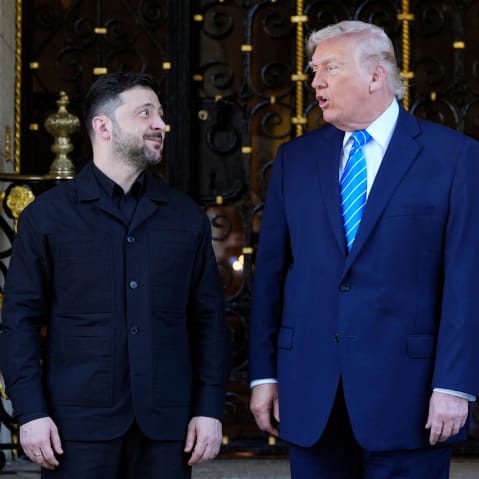 President Donald Trump greets Ukraine's President Volodymyr Zelenskyy.