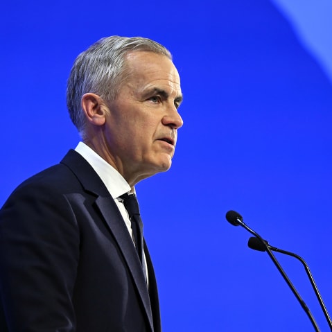 Canadian Prime Minister Mark Carney delivers a speech at the World Economic Forum Annual Meeting on Jan. 20, 2026. held in Davos, Switzerland.
