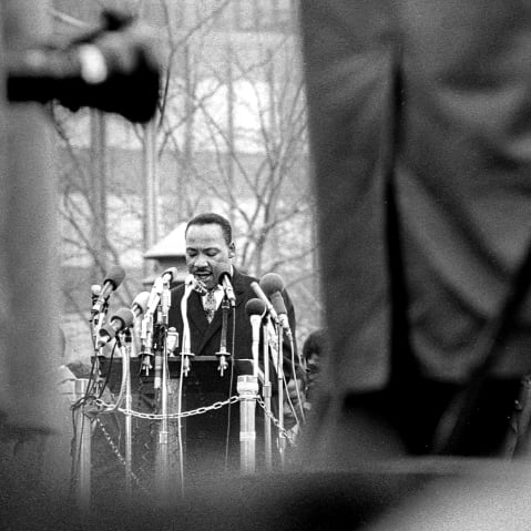 Dr. Martin Luther King, Jr. speaks in United Nations Plaza at the culmination of the April 15, 1967 anti-Vietnam War march that went from Central Park to the UN.