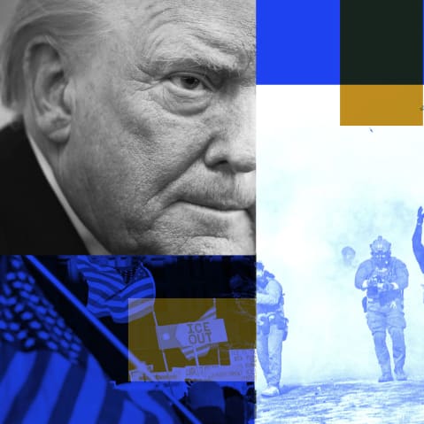 A photo collage of Donald Trump, ICE agents throwing tear gas, and signs protesting ICE