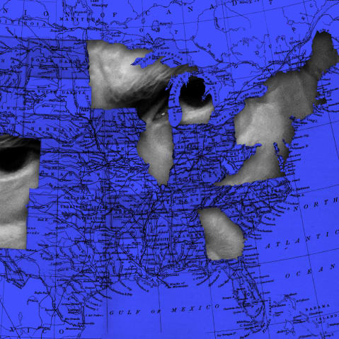 A United States map in blue shows President Trump through the blue state holes that voted for Biden in 2020.