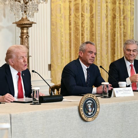 President Donald Trump speaks alongside Secretary of Agriculture Brooke Rollins, Secretary of Health and Human Services Robert F. Kennedy Jr. and Medicare and Medicaid Administrator Mehmet Oz at a roundtable discussion on rural health care investments on Jan. 16, 2026 in the East Room of the White House.