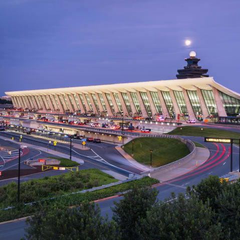 Dulles International Airport is seen at dusk-shortly after golden hour.