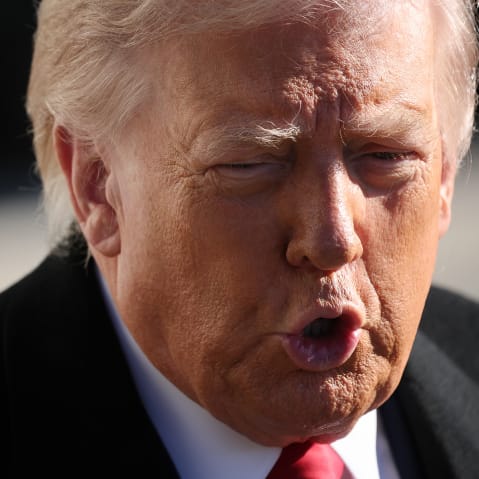 A very tight portrait of President Trump fills the frame as he is talking to the press outside of the White House.