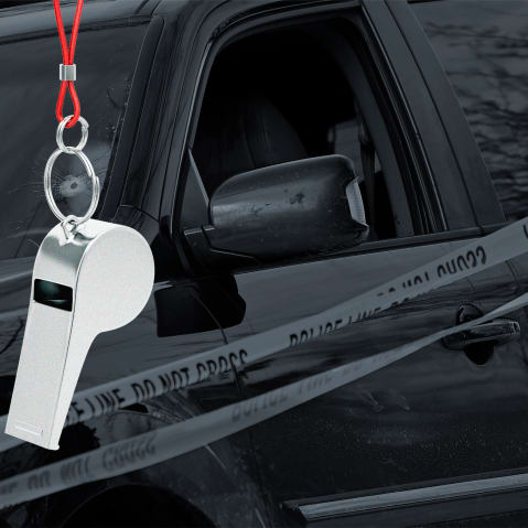 A photo illustration of a whistle in front of Renee Good's vehicle after being involved in a shooting by an ICE agent during federal law enforcement operations.