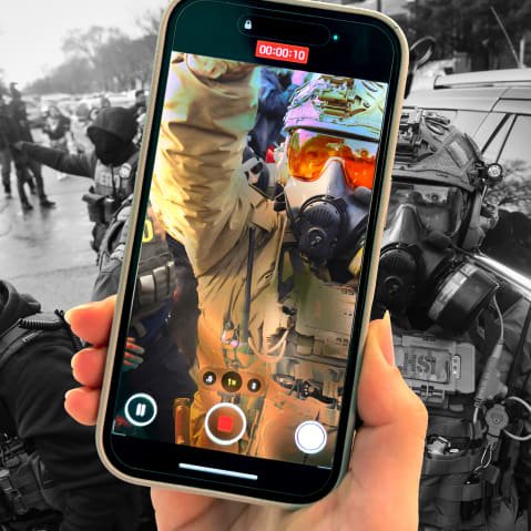A photo illustration of a person holding an iPhone while filming an ICE agent