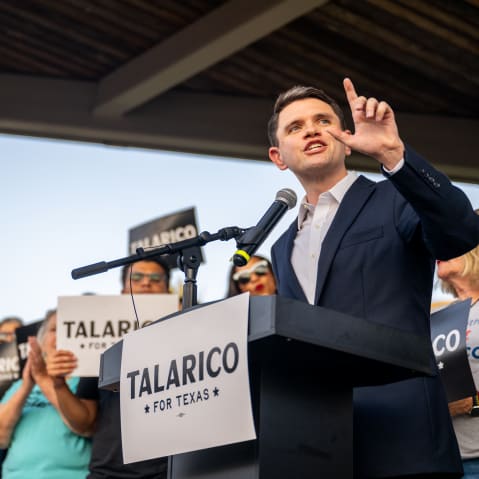 ROUND ROCK, TEXAS - SEPTEMBER 09: Democratic Texas State Rep. James Talarico speaks during a campaign launch rally on September 09, 2025 in Round Rock, Texas. Rep. Talarico announced earlier today that he will be running for U.S. Senate in Texas. (Photo by Brandon Bell/Getty Images)
