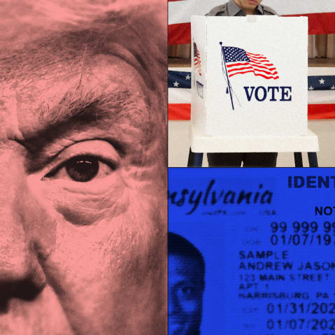 A stylized collage of Donald Trump, Russell Vought, a sample ID Card, and a voting booth.