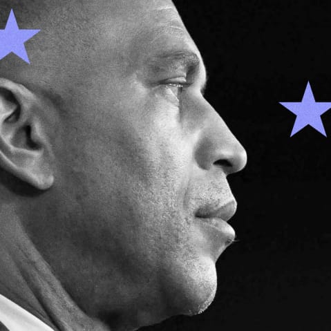 Photoillustration of Hakeem Jeffries looking to the side. He is overlaid on a background of the US Capitol, and the foreground includes light blue stars.
