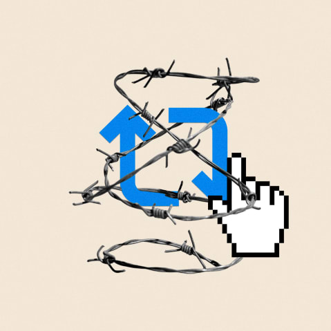 Photoillustration of a cursor clicking a repost button with barbed wire overlaid.