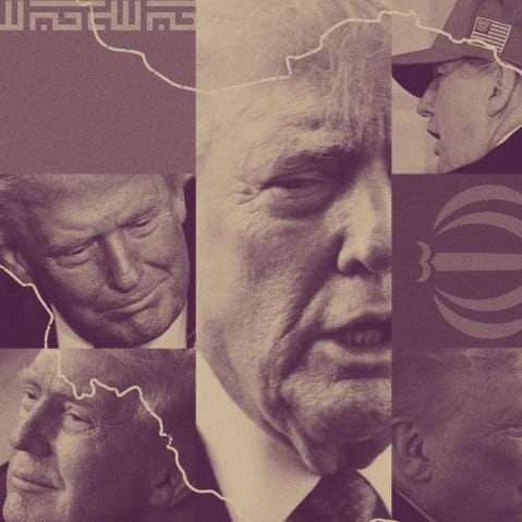 Photoillustration of Donald Trump shown in multiple close-up angles and expressions, overlaid with the outline of Iran and stylized Iranian flag elements, creating a layered, artful composition.