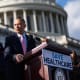House Minority Leader Hakeem Jeffries conducts a rally at the Capitol to oppose the Senate-passed spending bill that would reopen the government because it does not extend the the Affordable Care Act tax credits.