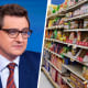 A split composite image of Chris Hayes and grocery store shelves