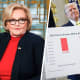 A split composite image of Claire McCaskill, left, and Donald Trump holding a large chart