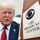 A split composite image of President Donald Trump, left, and CBS signage.