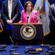 U.S. Attorney for the District of Columbia Jeanine Pirro speaks at a news conference in front of a display of seized guns on Aug. 26, 2025.