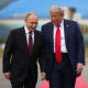 President Donald Trump walks with Russian President Vladimir Putin at Joint Base Elmendorf-Richardson in Anchorage, Alaska.