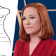 A split composite image of a birthday letter showing text inside of the shape of a woman's body, left, and Jen Psaki