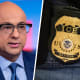 A split composite image of Ali Velshi, left, and an ICE badge.