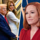 Donald Trump (left) descends an escalator at the UN with a headshot of Jen Psaki (right)