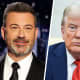 A split composite image of Jimmy Kimmel, left, and Donald Trump