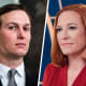 A side by side split composite image of Jared Kushner, left, and Jen Psaki