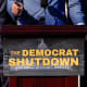 A split composite image of a sign taped to the front of a podium that reads "The Democrat Shutdown", a person, cropped, is pointing their finger behind the podium