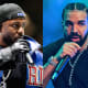 A split composite image of Kendrick Lamar, left, and Drake.