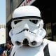 A demonstrator wearing a Star Wars storm trooper uniform.