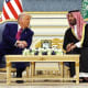 President Donald Trump meets with Saudi Crown Prince Mohammed bin Salman during a coffee ceremony at the Saudi Royal Court