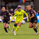 Trinity Rodman, second from left, of the Washington Spirit during a game against Portland Thorns FC in Washington, D.C.